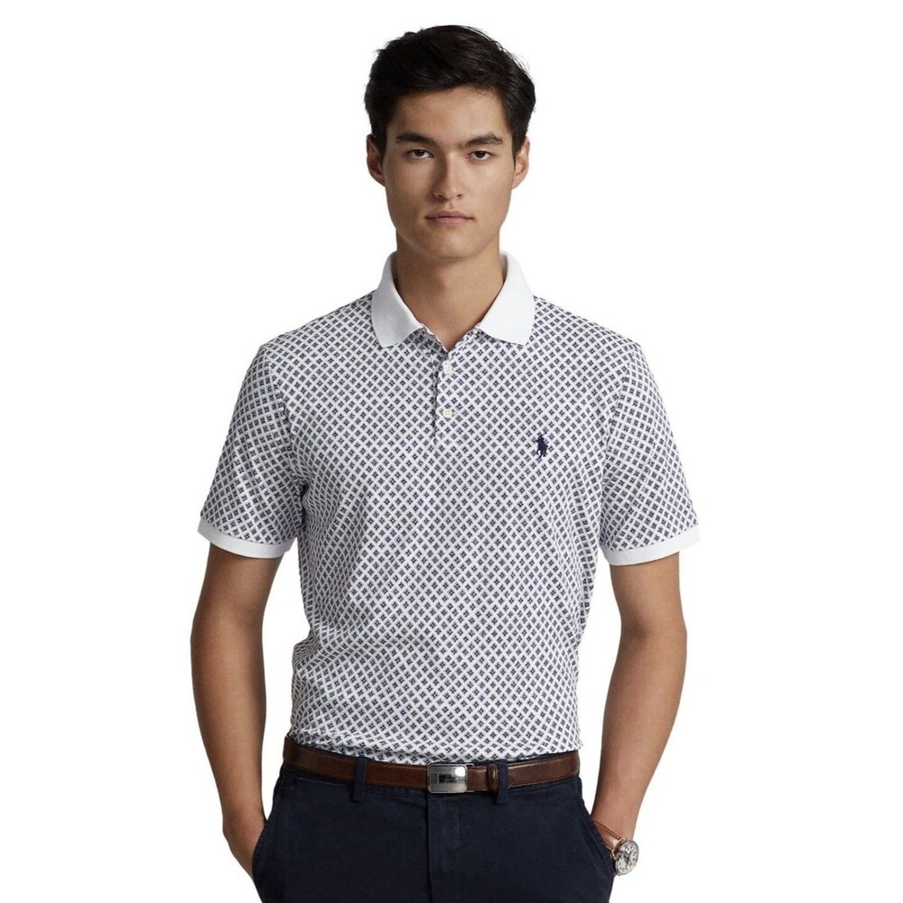Ralph Lauren Men's Foulard Print Luxe Cotton Interlock Polo Shirt  White Size XL